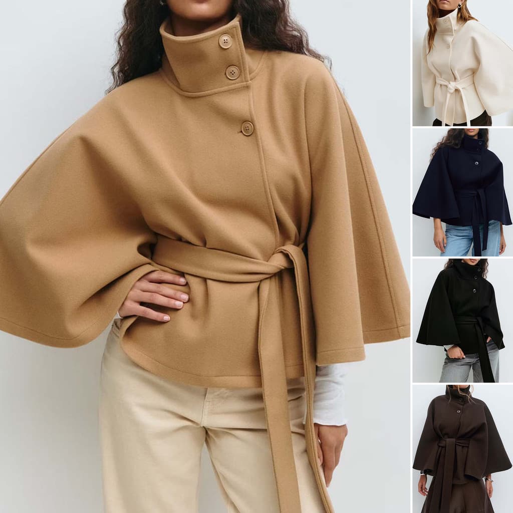 Casaco Trench Coat Feminino de Outono e Inverno, Novo Modelo, Cor Sólida, com Capa, Gola Alta, Botões e Cinto.