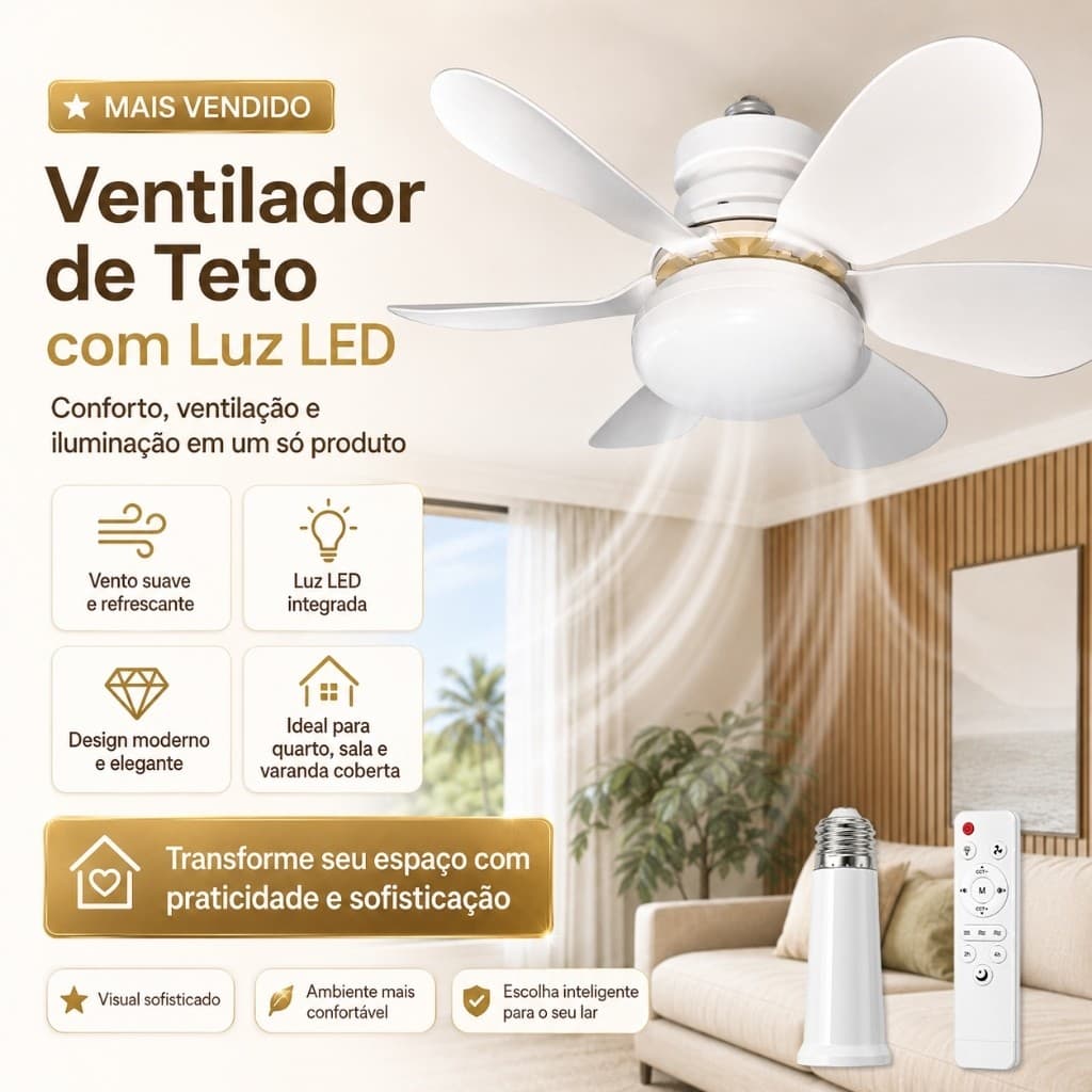 Ceiling Fan with Light Silent Remote Control Economical Easy Installation LED Bivolt E27 6 Powerful White Blades