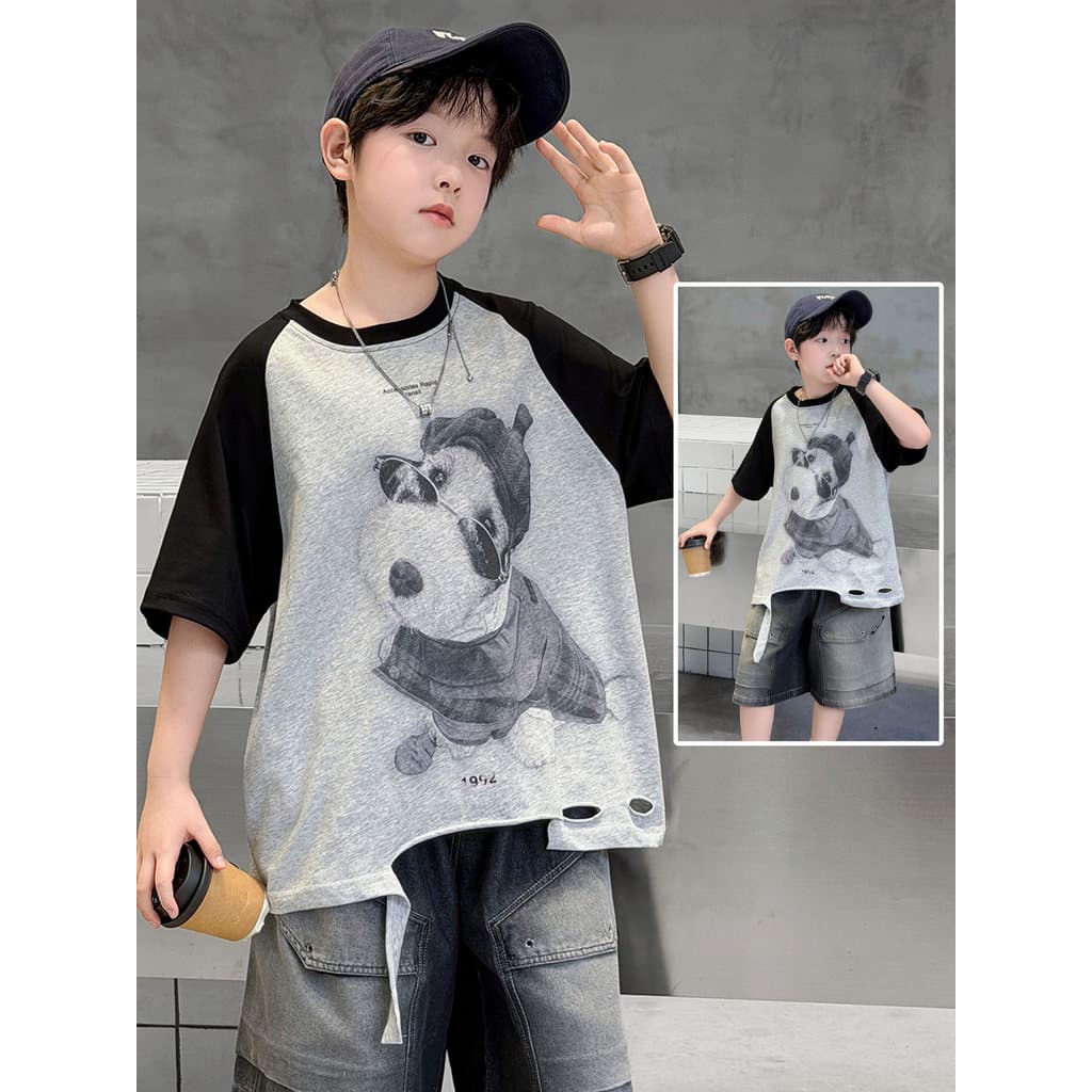 Roupas infantis meninos terno de manga curta rasgado camiseta Jeans calças médias Street Wear t roupas de verão 2026 men