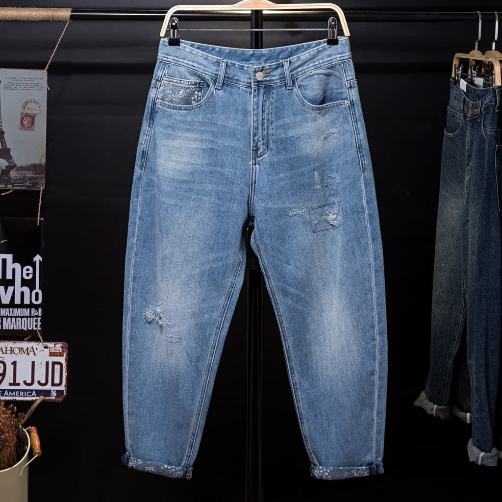 Calças de brim masculinas verão estilo fino solto em linha reta Street Wear puro algodão Retro tamanho grande lavado Har