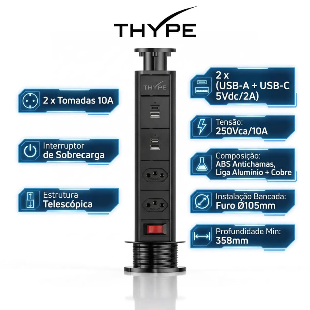 Torre De Tomada Embutir Retrátil 2 Tomadas Usb Tipo C Thype Preto