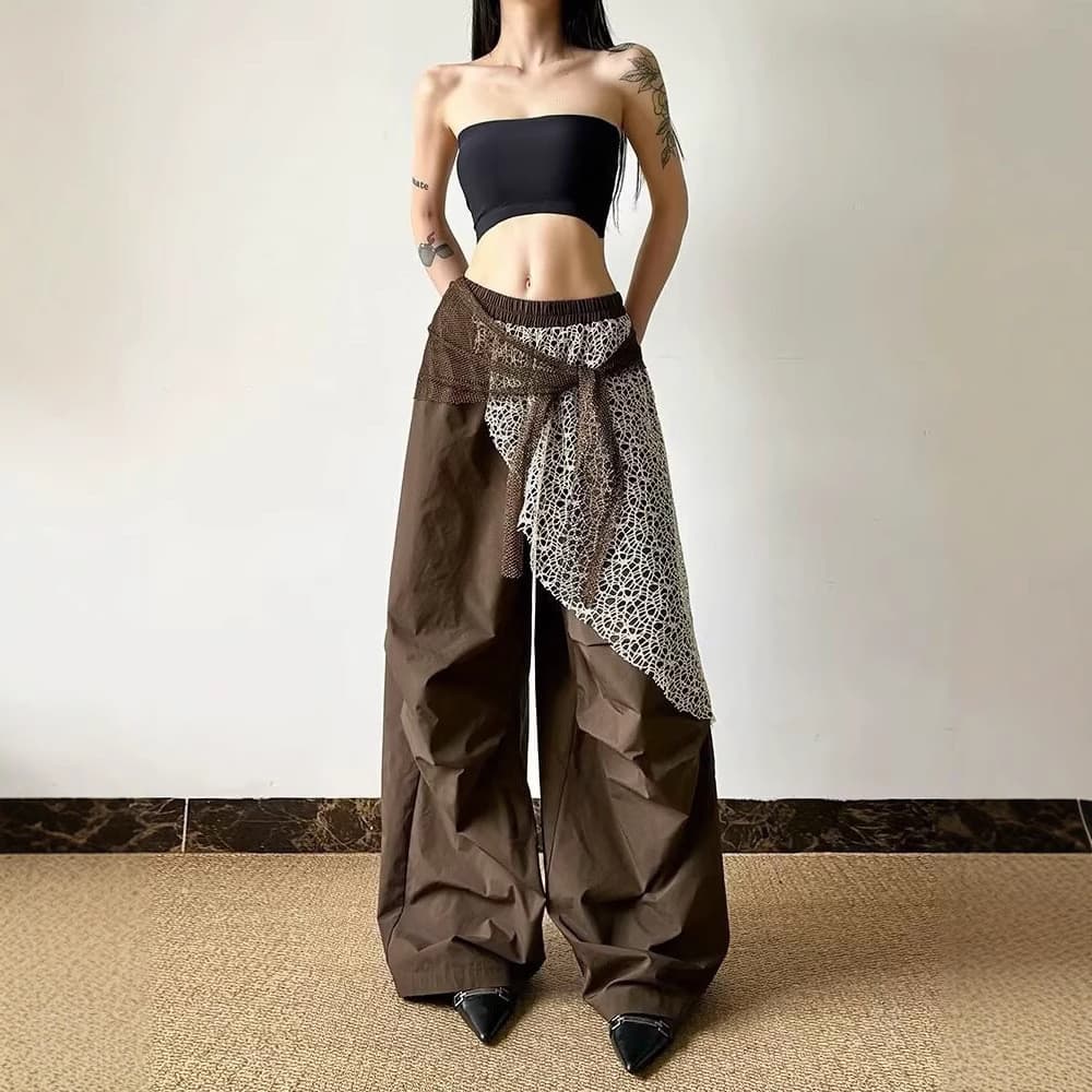 Americano casual rua plissado único falso calças casuais de duas peças feminino Design bonito mais magro olhar All-Match