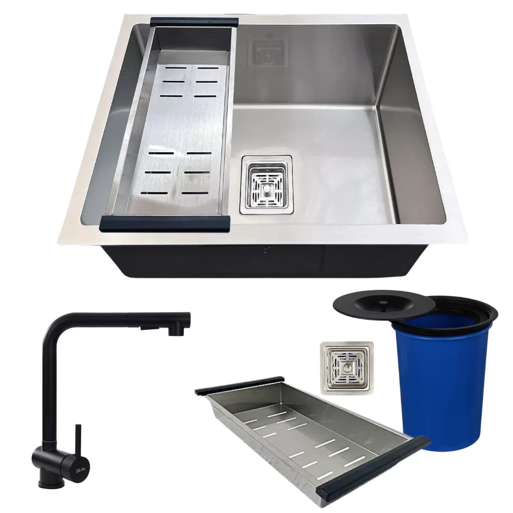 CUBA INOX 304 AÇO ESCOVADO 44X44 TORNEIRA EXTENSÍVEL E TABUA