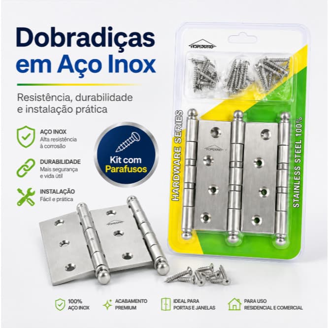3 Dobradiças Aço Inoxidável 12x4,5cm para Porta Madeira Armário Móveis Kit Reforçado