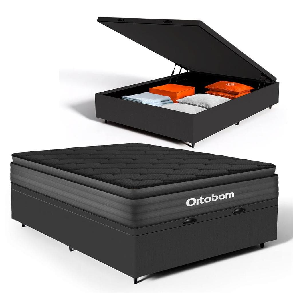Cama Box Baú com Colchão Ortobom de Espuma Pillow Top Confort Black Casal 138cm