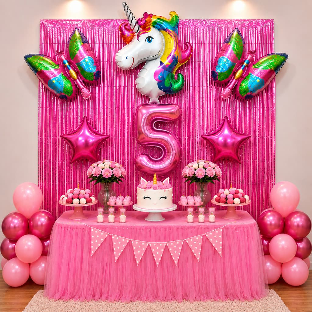 Kit Decoração Festa Infantil Unicórnio Rosa com Cortina Metalizada, Balão Unicórnio, Borboletas, Estrelas e Número