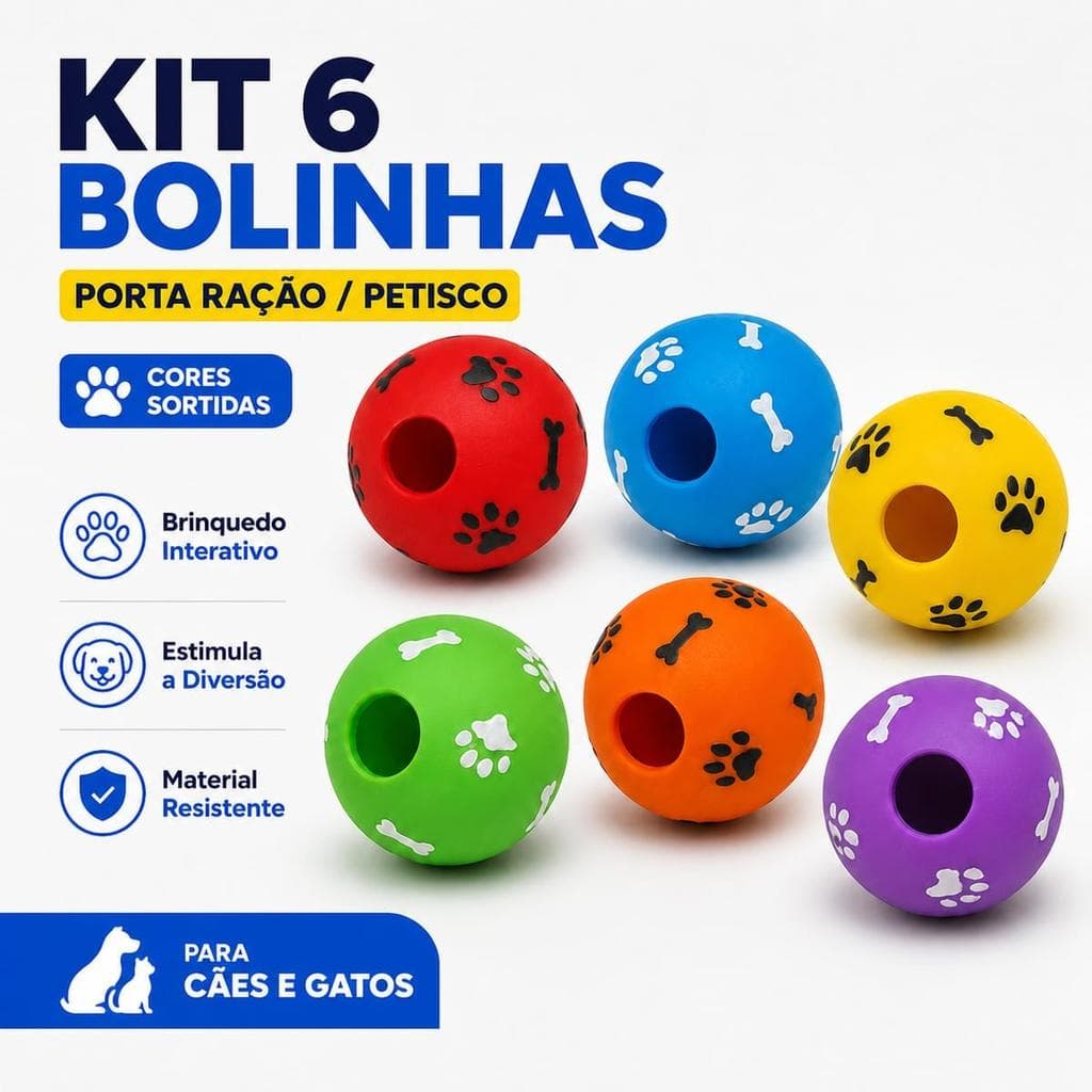 Kit 6 Bolas Porta Ração Interativa 5,5 cm Sortidas - Libera Petiscos aos Poucos, Ideal para Cães, Gatos e Pequenos Anima
