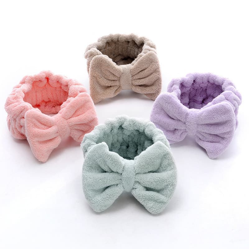 Faixa de cabelo macia para lavar o rosto, acessório de cabelo em fleece coral, faixa de cabelo com laço fofo.