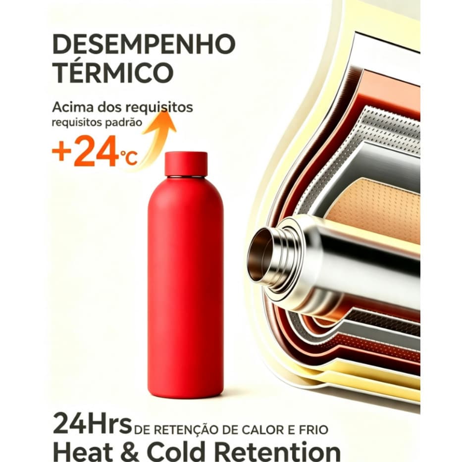Garrafa Térmica 500ml Vermelha Boca Fina, Aço Inoxidável Parede Dupla, Água Quente e Gelada