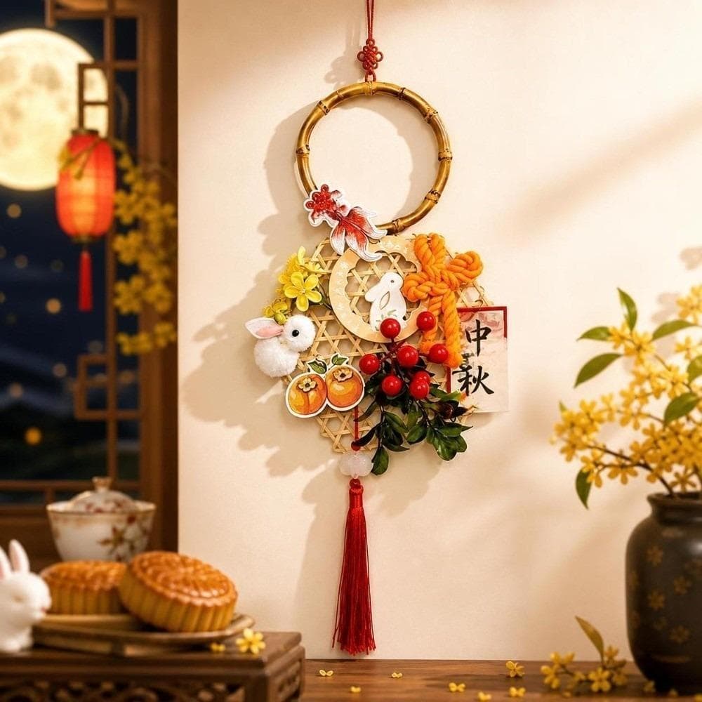 Enfeites De Festival De Meio Outono , Decorações Lua De Tecelagem De Bambu Penduradas , Decoração De Parede De Flores