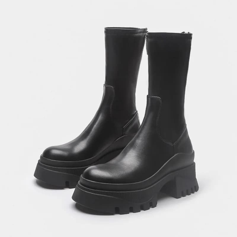 Botas Chelsea Femininas, Botas de Cano Curto, Moda, Sola Grossa, Longas de Couro Legítimo, Pretas, Botas Femininas