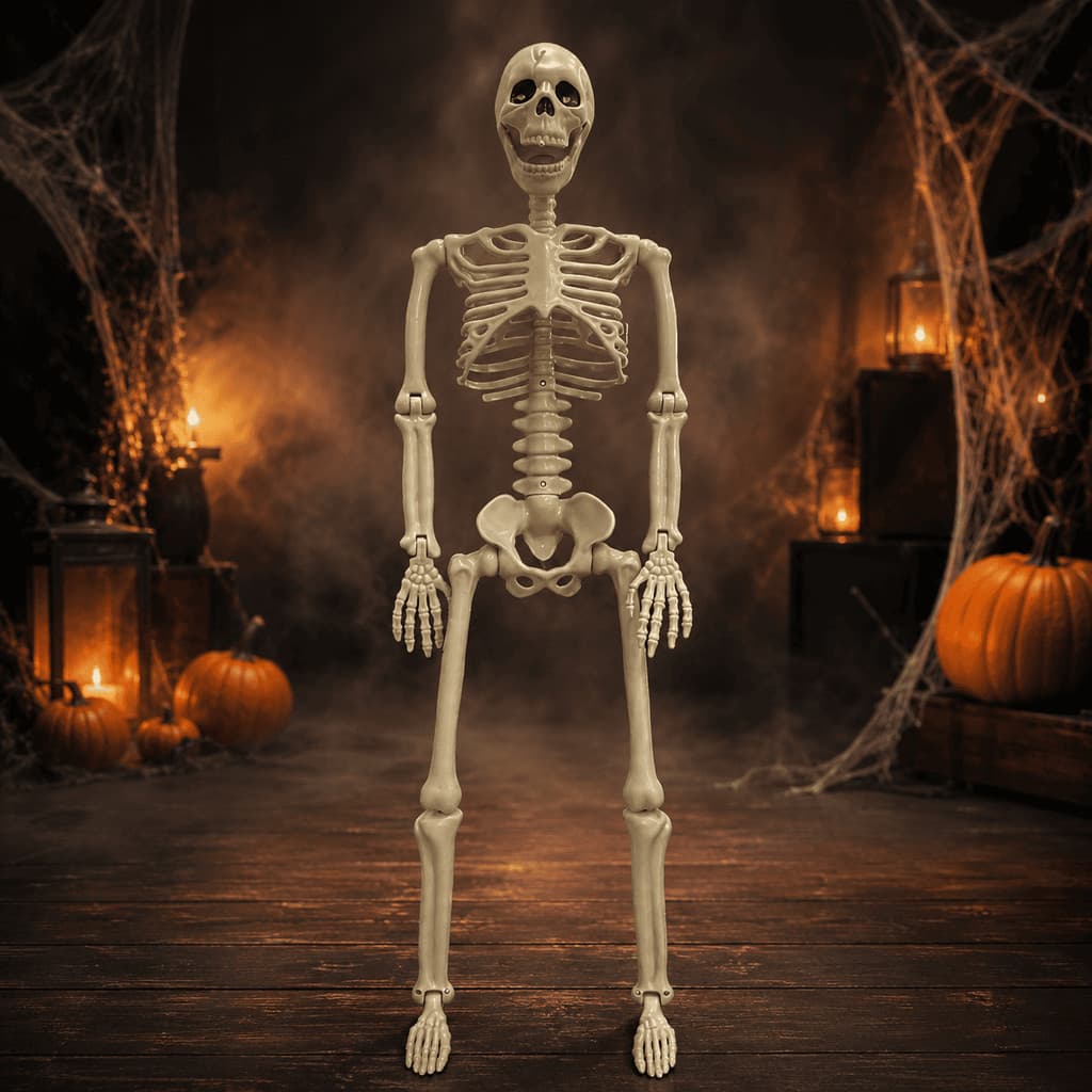 Decoração Esqueleto 90cm Articulado com LED e Som Halloween Assustadora Realista