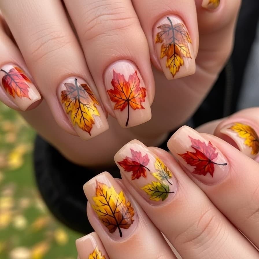 Unhas postiças curtas e quadradas com base nude e folha de bordo pintada à mão, design vintage de folha para outono e in
