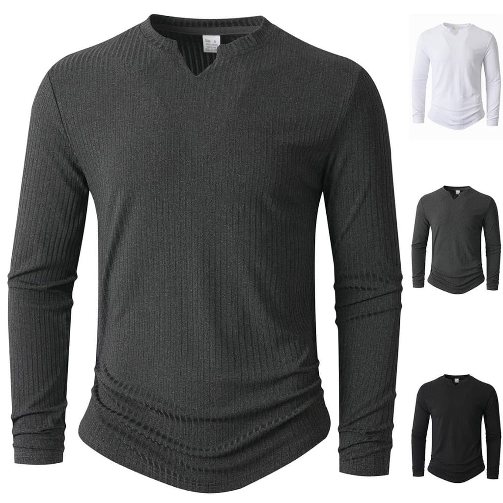 Camiseta Masculina De Manga Comprida Com Decote Em V Listra Vertical Malha Nervuras Fino Ajuste 3 Cores Primavera Outono
