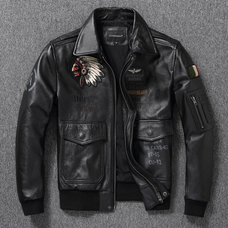 Americano indiano bordado puro primeira camada de couro genuíno jaqueta masculina curto vôo terno juventude na moda jaqu