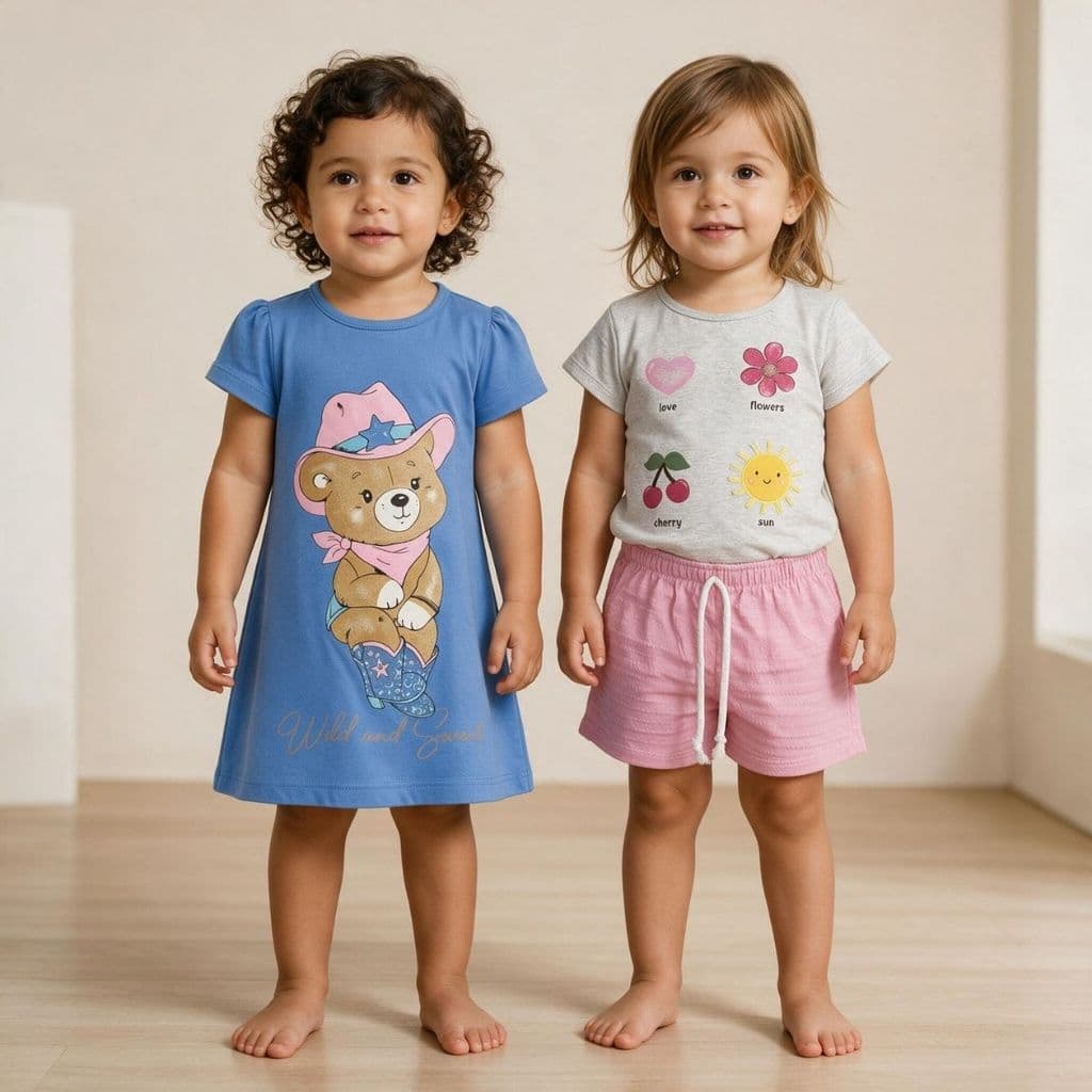 Kit Vestido Conjunto Infantil Menina Roupa Feminina Blusa Short Manga Curta Estampado Passeio Casual