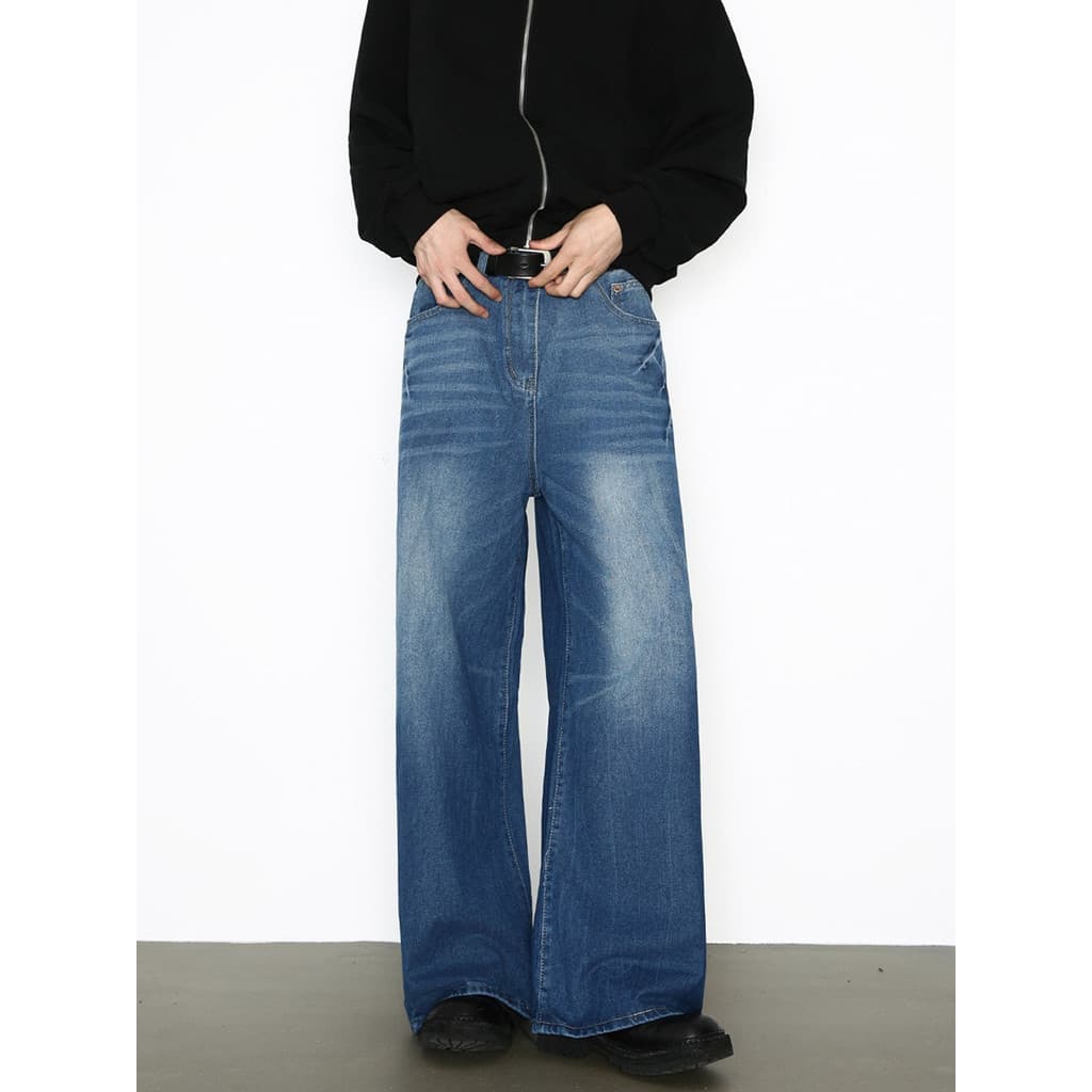 Americano Retro High-End Design sentir lavado azul Jeans solto em linha reta calças de perna larga rufião bonito meninos