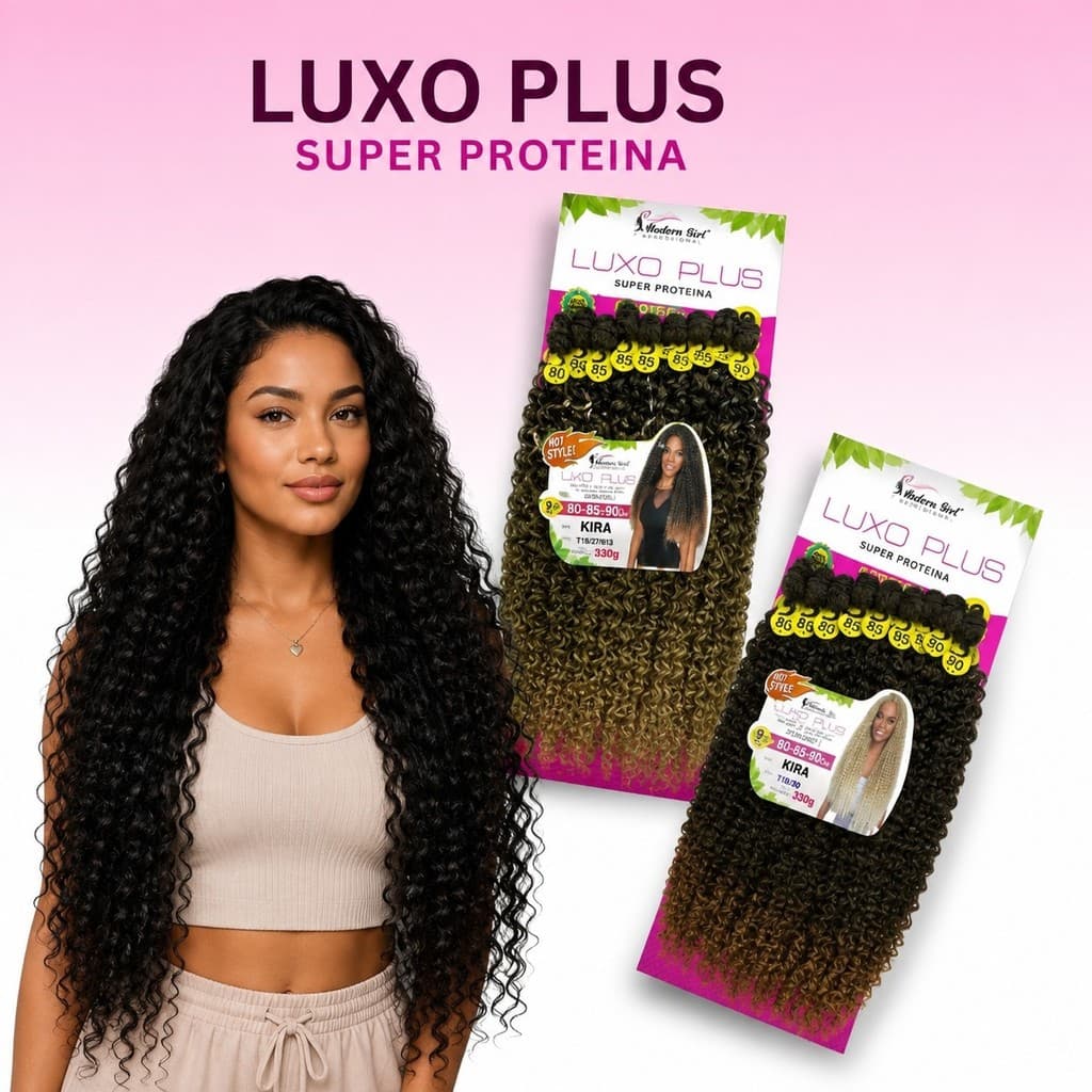 Cabelo Cacheado Kira Fibra Super Proteína Luxo Plus Modern Girl 330g 90cm Entrelace 9 Telas