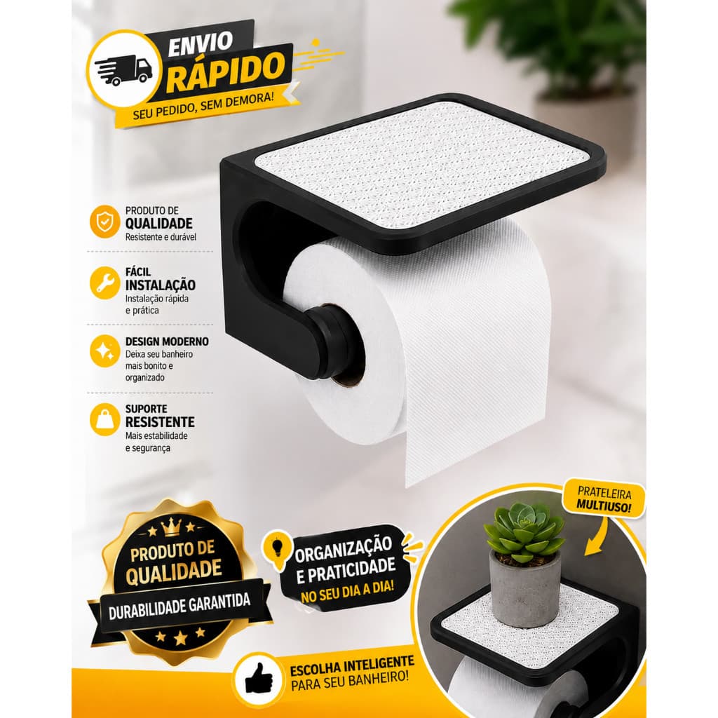 Porta Papel Higiênico com Prateleira Multiuso de Parede Organizador para Banheiro Superior Multiuso