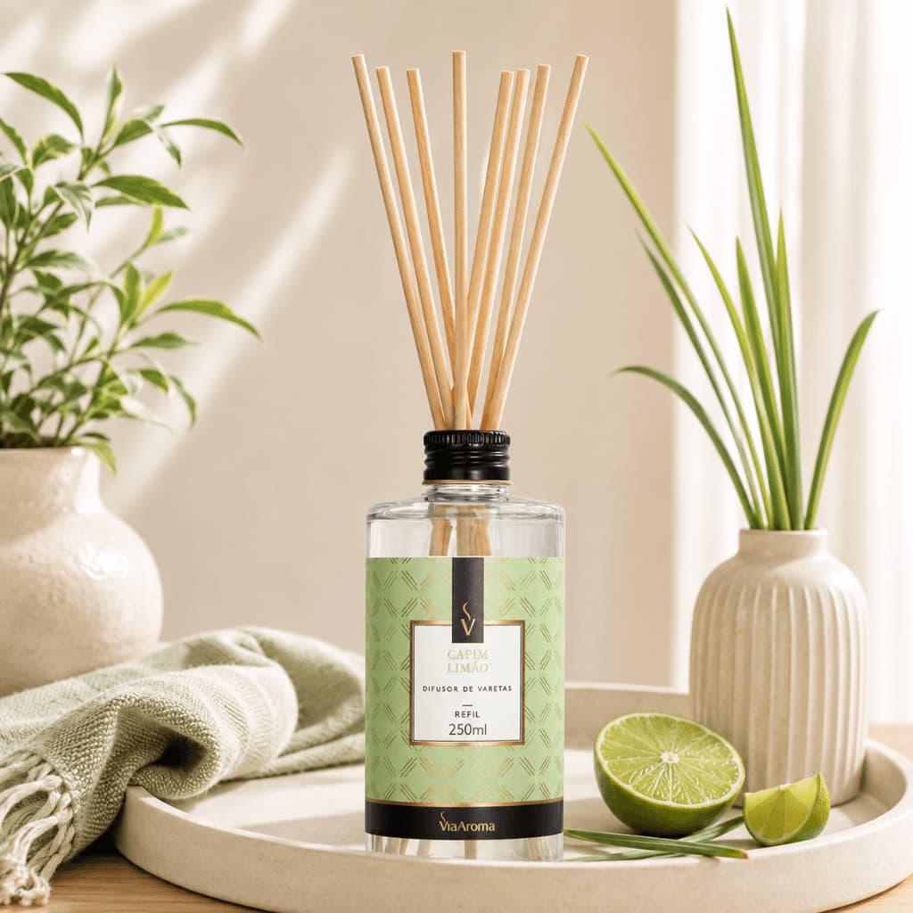Refil Difusor de Varetas Via Aroma 250ml Capim Limão | Aroma & Economia
