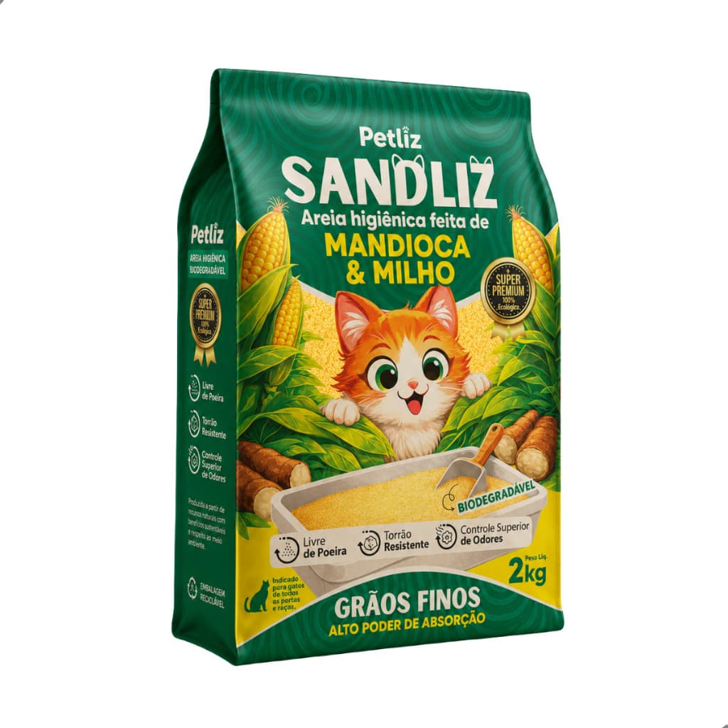 Areia Higiênica Gato 2kg Premium Sem Cheiro Alto Rendimento Sem Poeira Grãos Finos Torrão Mandioca e Milho Biodegradável
