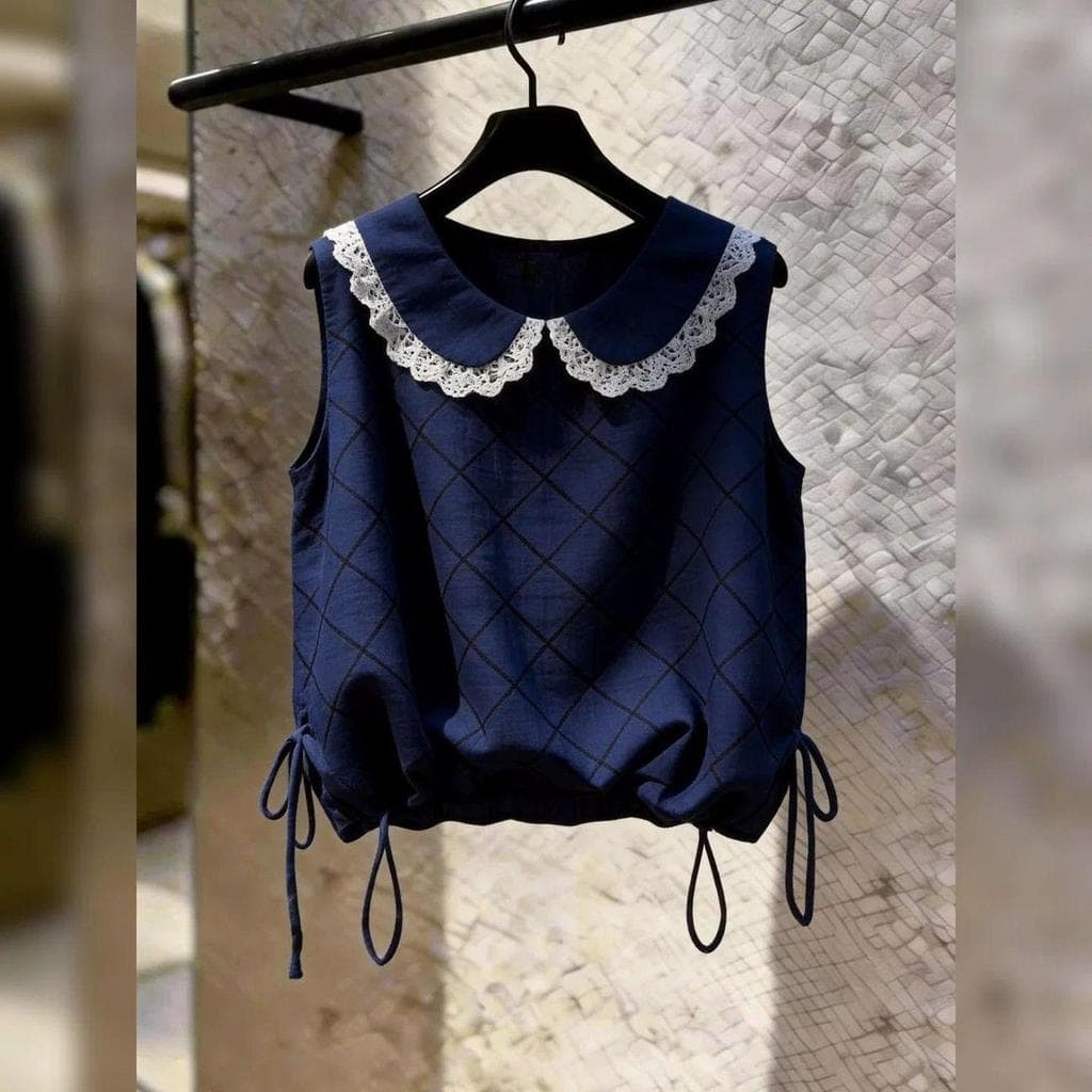[Promoção por tempo limitado] Versão coreana elegante renda plissada gola boneca colete sem mangas, 2026 verão novo esti