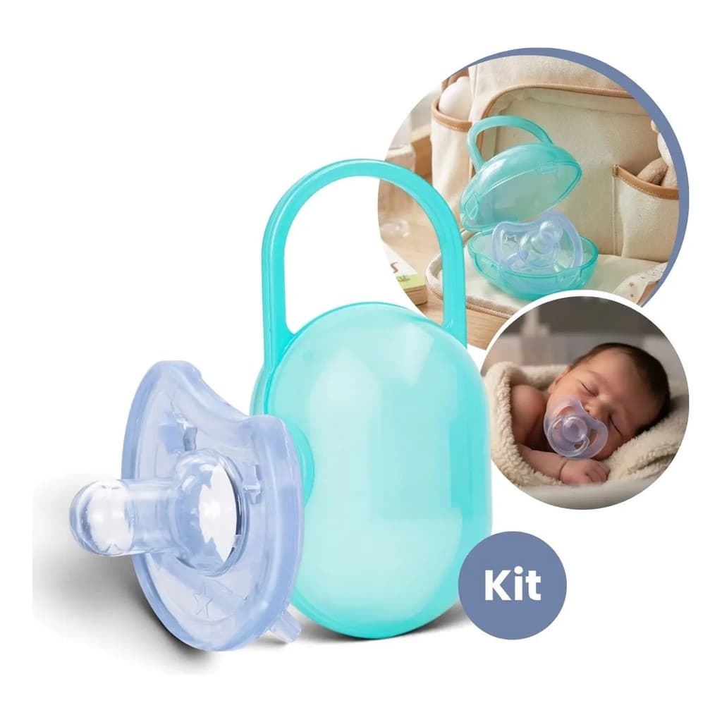 Kit Chupeta Bebê Calmate Silicone T1 + Porta Chupeta Rn