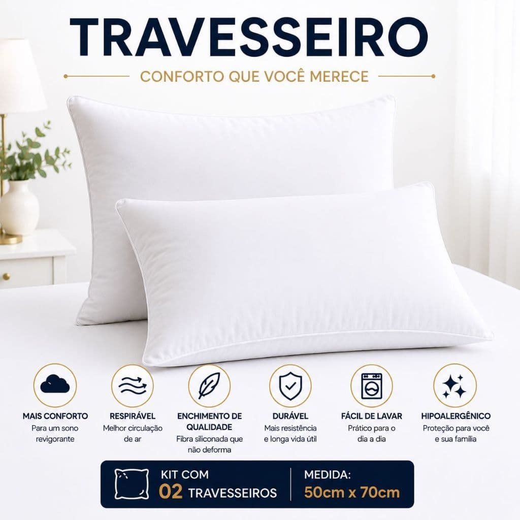 Kit 2 Travesseiros Pluma Premium 70x50cm Antialérgico Macio Alto Luxo Hotel Toque Suave Confortável