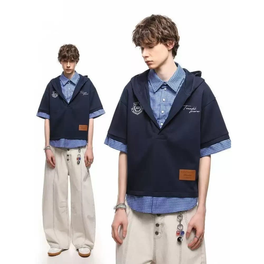 Camisa xadrez falsa americana de duas peças masculina de manga curta verão High-End com capuz camiseta masculina feminin