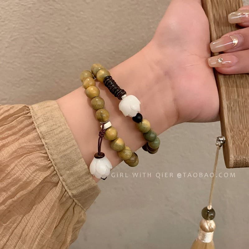 Nova pulseira elástica de contas de sândalo e lótus bodhi em estilo chinês, pulseira vintage e de charme único, joia de