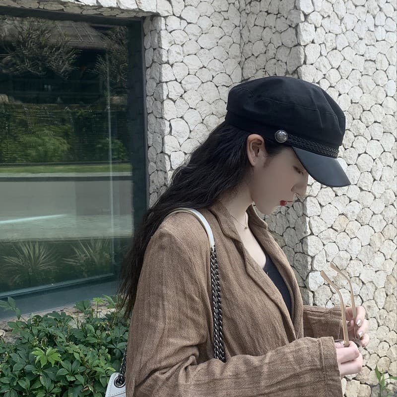Dinheiro próprio!Boina feminina primavera verão versão coreana japonês All-Match na moda jornaleiro chapéu preto octogon