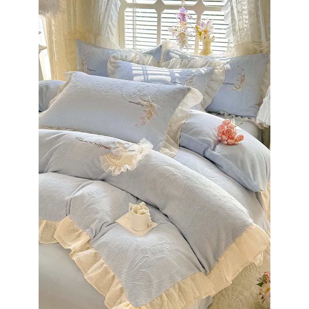 Estilo princesa esculpido bordado inverno leite veludo conjunto de quatro peças 1.5/1.8m lençol dupla face forro de lã r