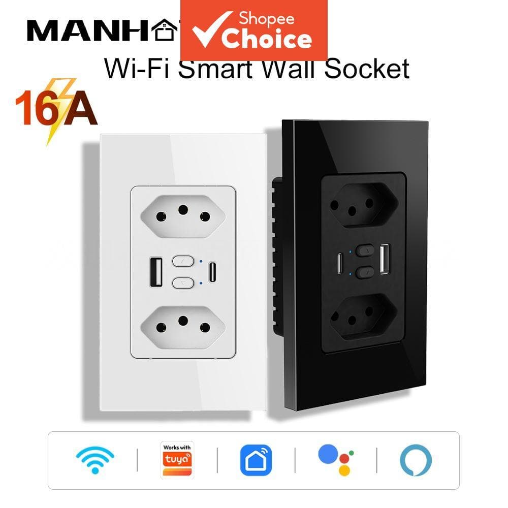 Tomada Inteligente Manhot WiFi 16A Duplo USB Tipo-C Carregador Compatível com Smart Life, Alexa e Google Home