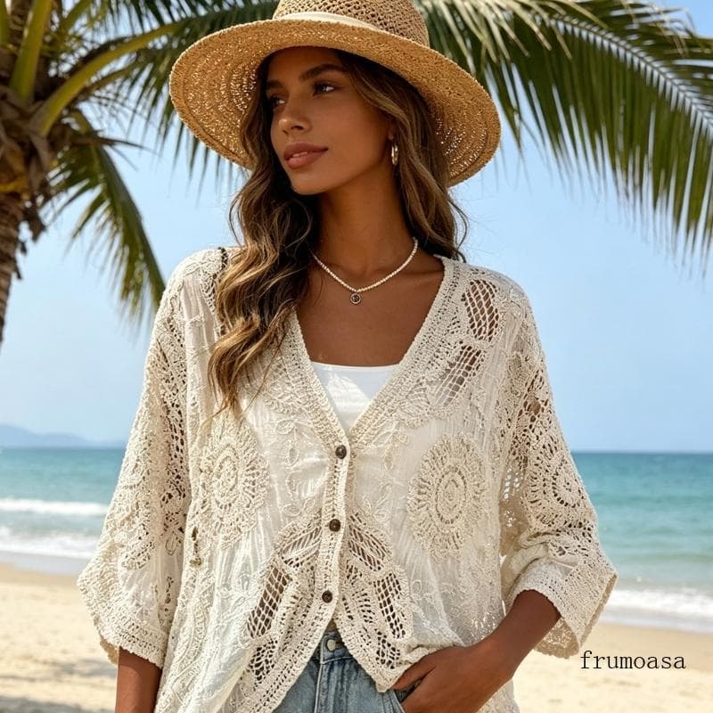 Fru Romantics Cardigan Crochê Francês,, Cobertura Verão Mangas Soltas E Renda Delicada