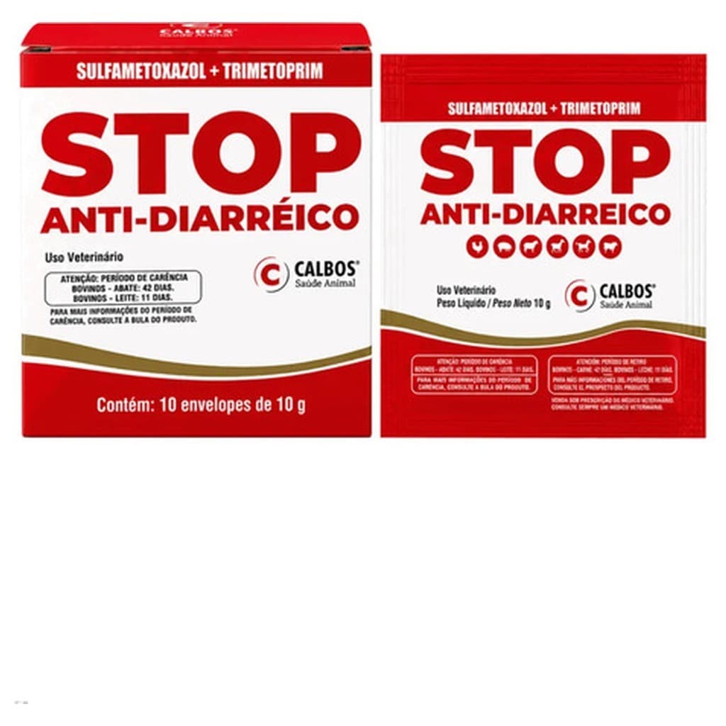 Stop Antidiarreico Calbos 10 Sachês 10g Suplemento Veterinário Bovinos Suínos Equinos Ovinos Cães Gatos Aves
