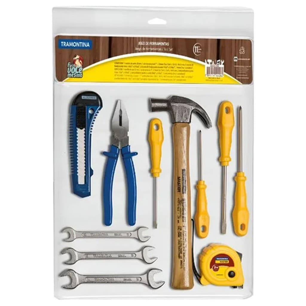 Kit Ferramentas Tramontina 11 Peças Martelo Trena Alicate Estilete Chaves Fenda Fixas