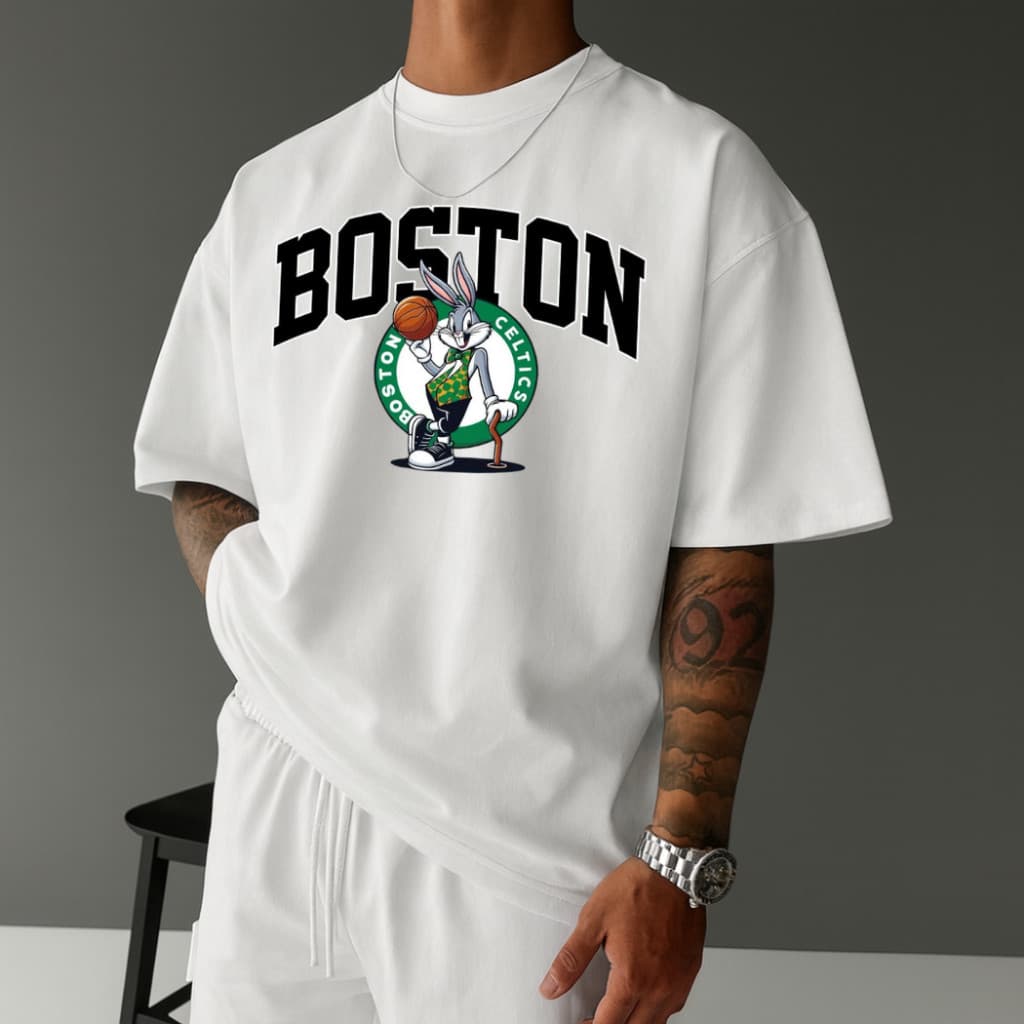 Camiseta Masculina Streetwear Coelho Boston Celtics Tecido Algodão Estilo Academia Gola Redonda