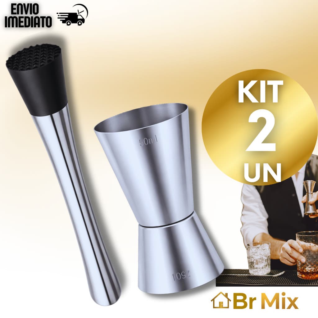 Kit Bar: Socador de Caipirinha + Dosador Duplo Inox Bares Drinks Bebidas Shakes Bebidas