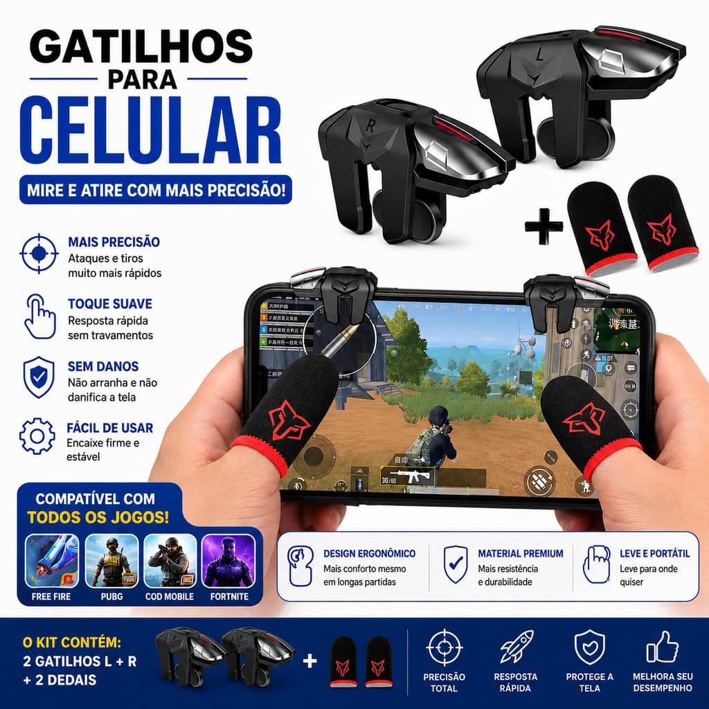 Kit Gatilho Gamer L1 L2 R1 R2 para Celular + Luva de Dedo Anti-Suor FPS Free Fire PUBG Mobile