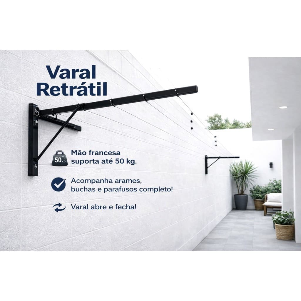 Varal Retrátil Mão Francesa 5 m com Kit de Instalação Completo – Cabo de Aço Revestido