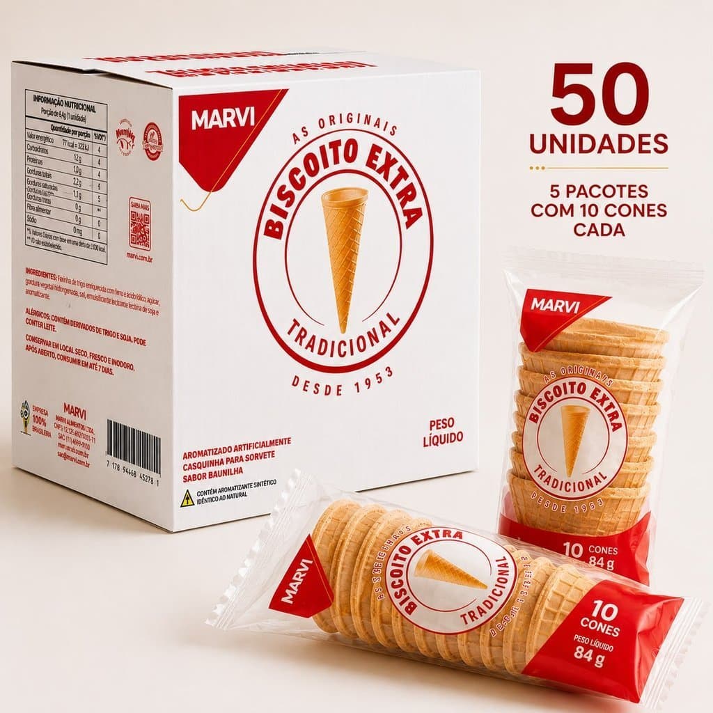 Casquinha Biscoito Extra Tradicional Para Sorvete  50 Und