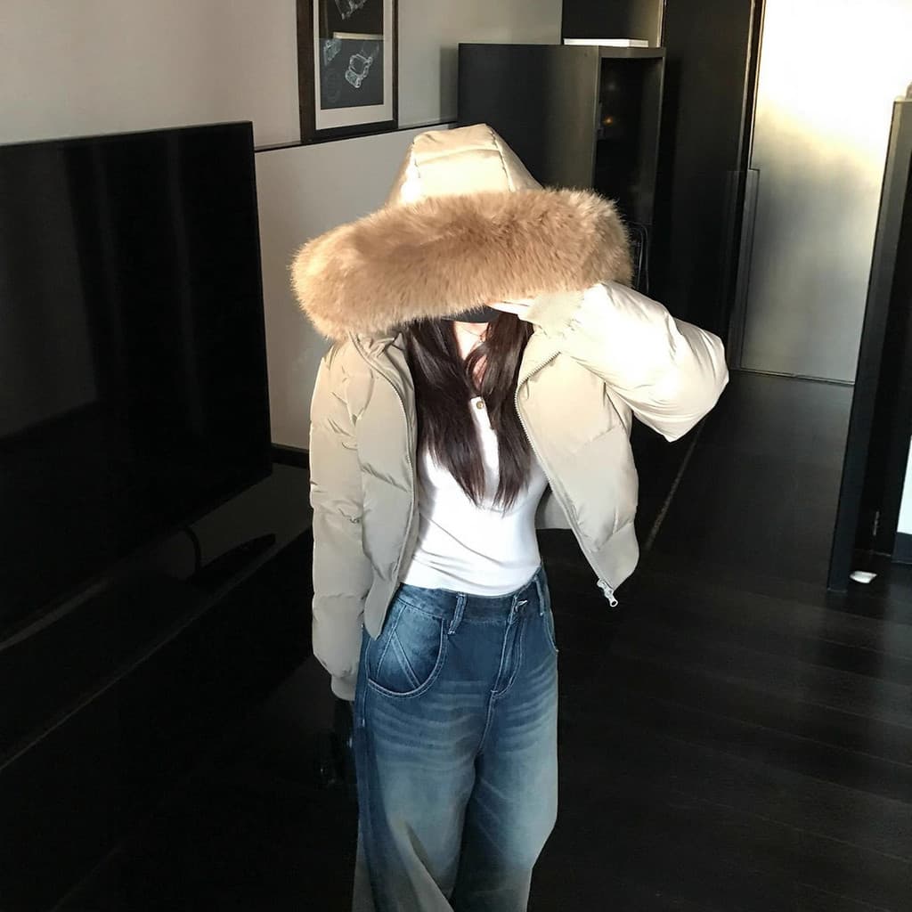 Jaqueta feminina estilo curto inverno gola de pele grande com capuz 90 pato branco para baixo cintura estreita engrossad