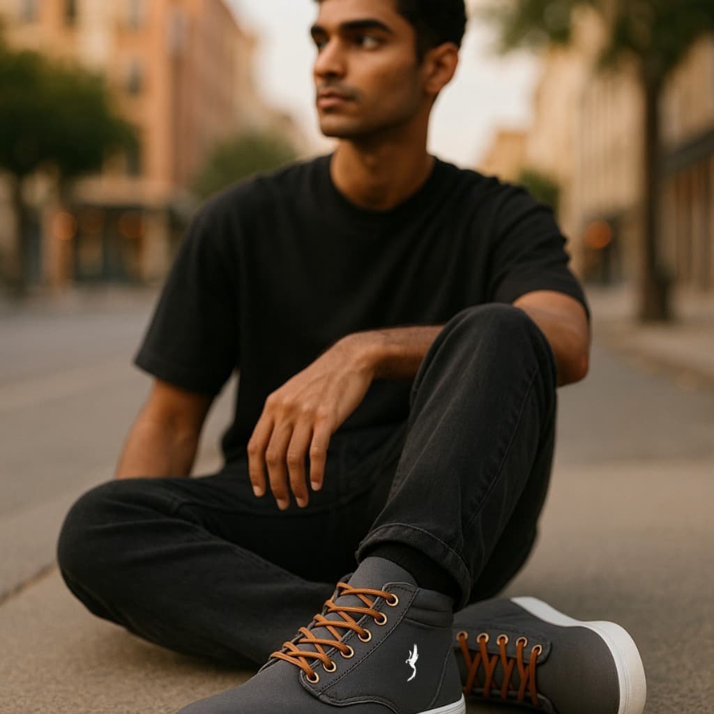 Tênis Sapatenis Masculino Cano Alto em Lona Leve Com Boné Preto + Relógio Digital