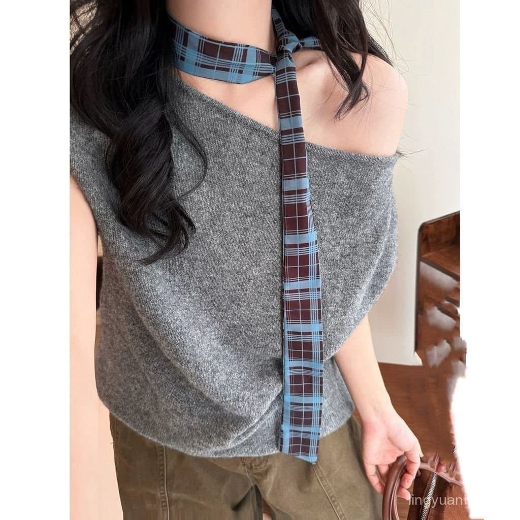 Estilo coreano! Lenço longo de seda xadrez para mulheres, acessório de pescoço para combinar com camisas.