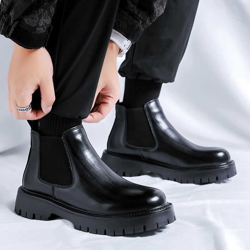 Homens Chelsea Martin botas estilo britânico High-End sapatos de couro casuais de sola grossa dedo do pé redondo capa pé