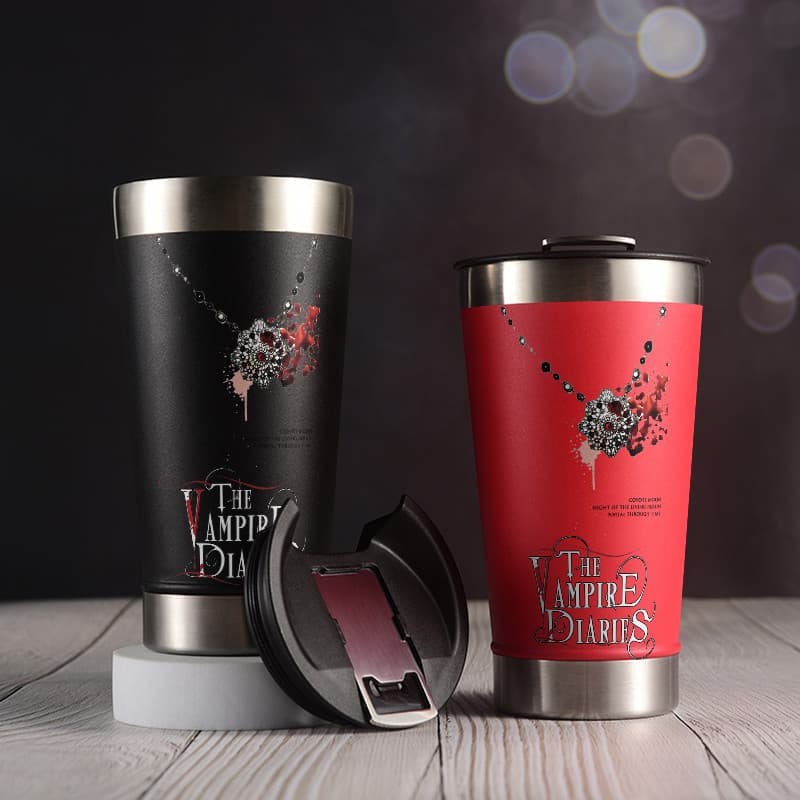 Copo térmico tumbler vampire diaries 473ml aço inoxidável com abridor de garrafas embutido e tampa parede dupla vácuo