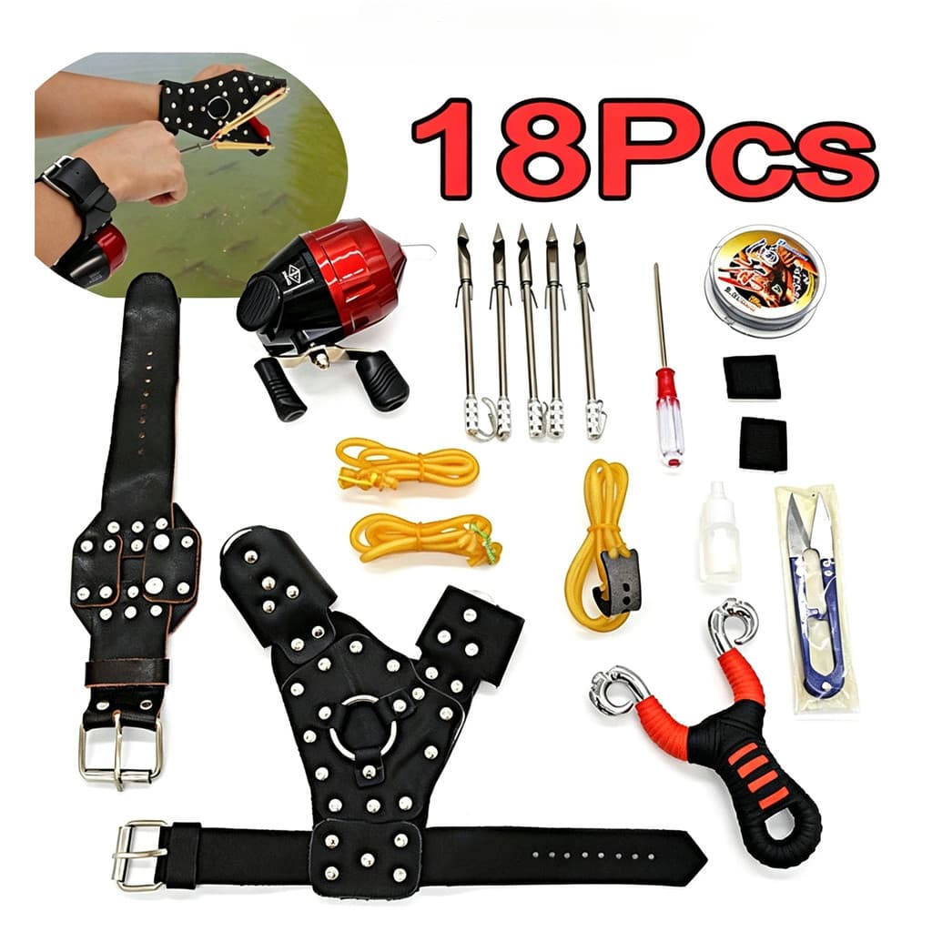 Kit 18 Peças Estilingue De Pesca Completo Inclui Flechas De Pesca Submarina E Carretel De Pesca