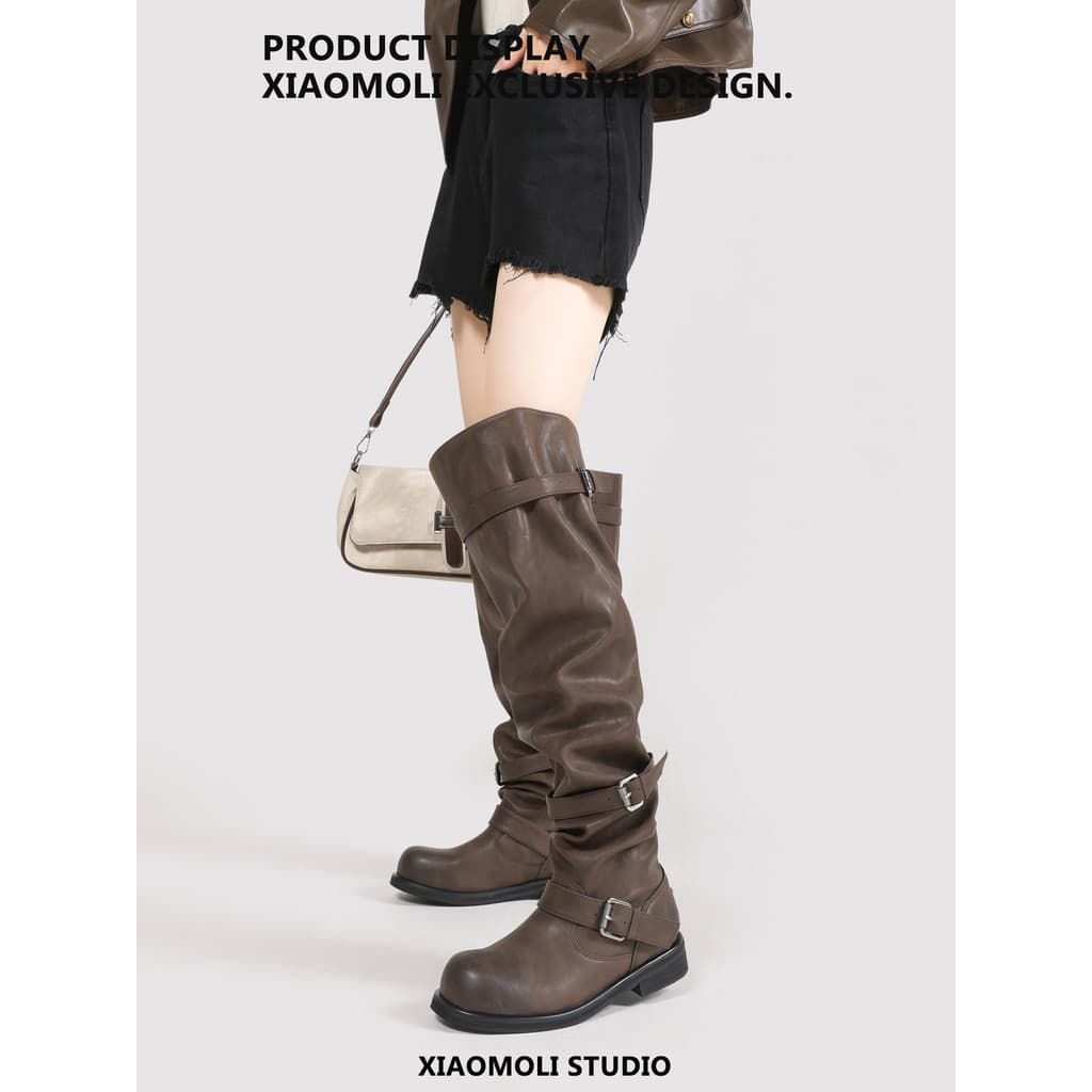 Botas acima do joelho femininas outono fivela de cinto plano botas de Cowboy ocidentais botas de pilha plissada botas de