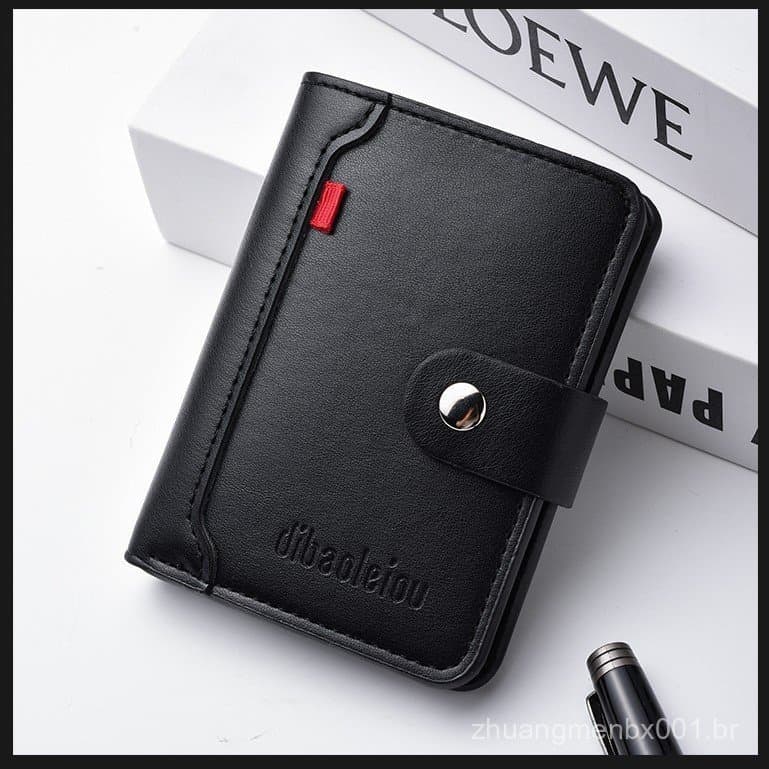 Carteira de Couro Masculina Curta e Slim com Botão de Pressão, Carteira Dobrável Masculina, Porta-Moedas, Carteira, Port