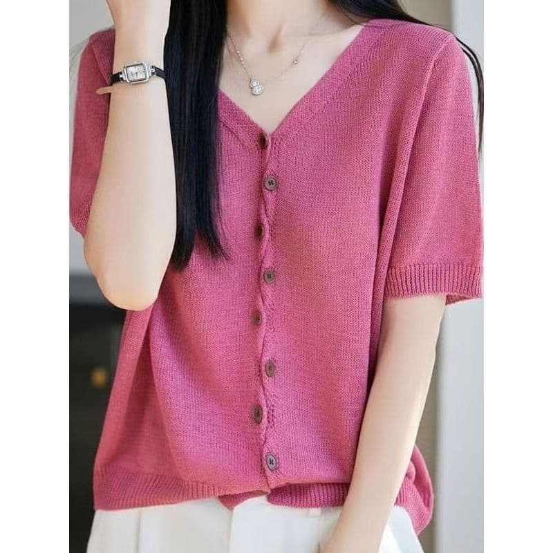 Chique com decote em V botão de malha Cardigan feminino 2026 novo estilo verão feminino estilo coreano solto manga curta